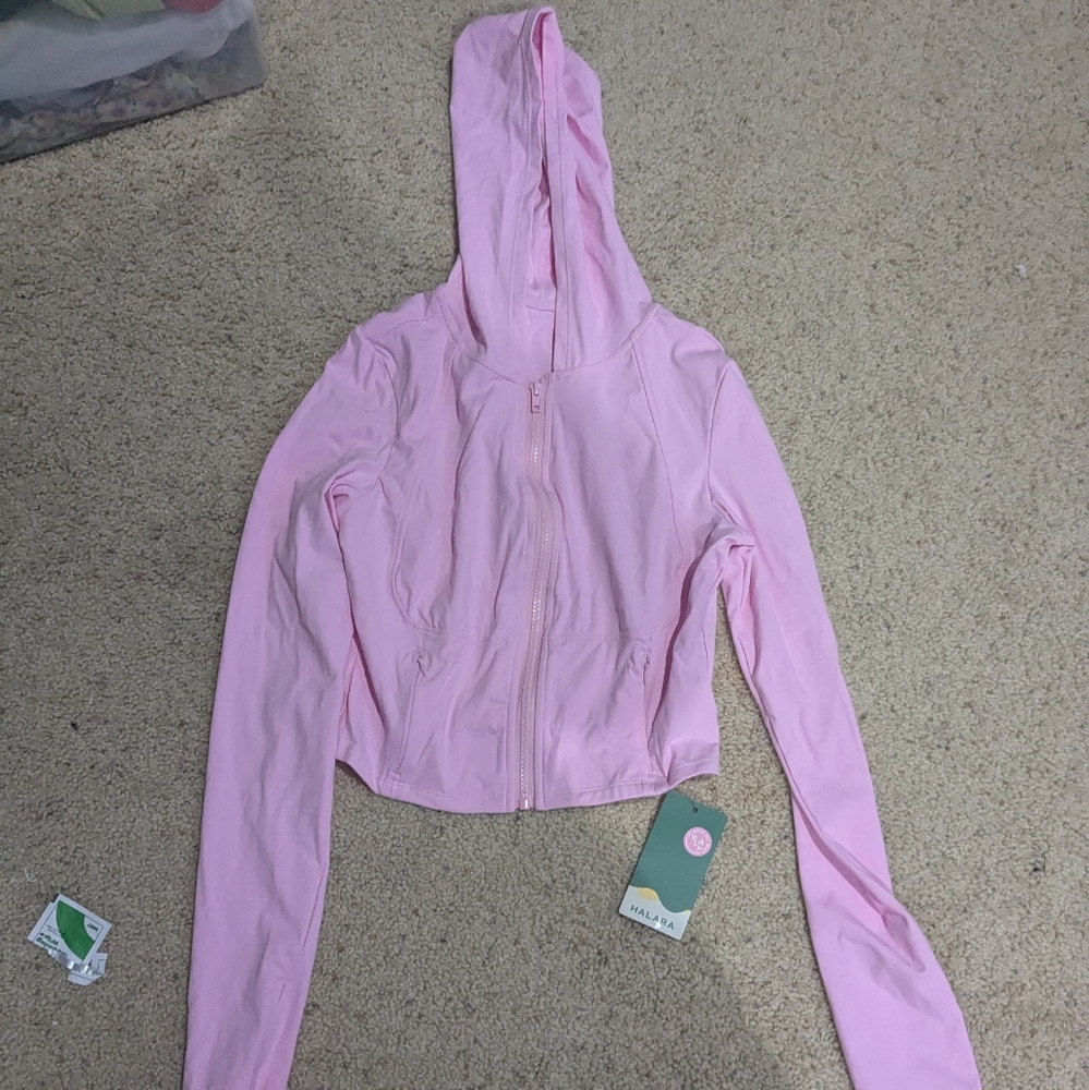 NWT Halara Cropped Pink Hooded Zip-Up Jacket